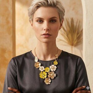 Vetta Floral Statement Necklace – Yellow, White & Gold Tone (18" with Extender)
